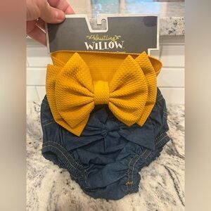 Willow Mustard and Denim Diaper Cover Set & hair bow